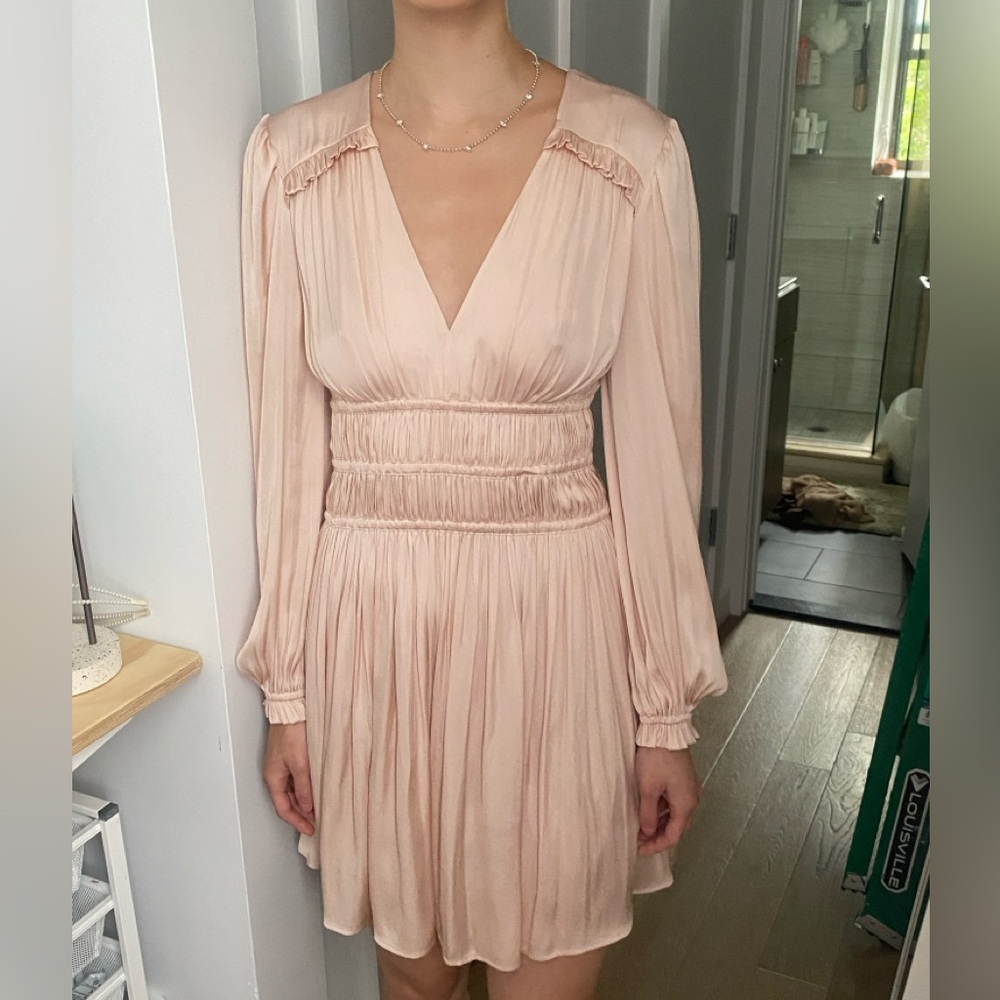 Maje Pink Pleated Long Sleeve Dress for Wedding Guest